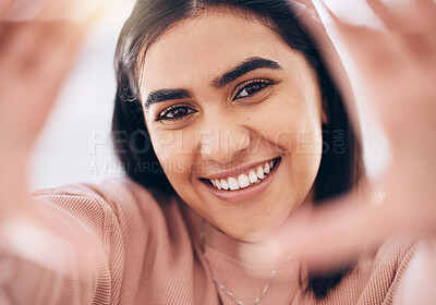 Buy stock photo Selfie, hands and portrait of female with smile for positive, optimistic and good confident mindset. Happy, beauty and excited face of young woman from Puerto Rico taking picture for social media.