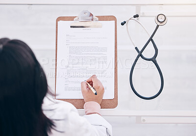Buy stock photo Top view, hands or doctor writing on clipboard hospital prescription, medical research or signing consulting form. Woman, stethoscope or healthcare paper documents for wellness life insurance or help