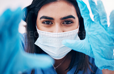 Buy stock photo Doctor, gloves and face in frame with face mask for covid exam or surgery focus. Closeup portrait of woman medical expert, surgeon or nurse with latex hands ready in checkup examination