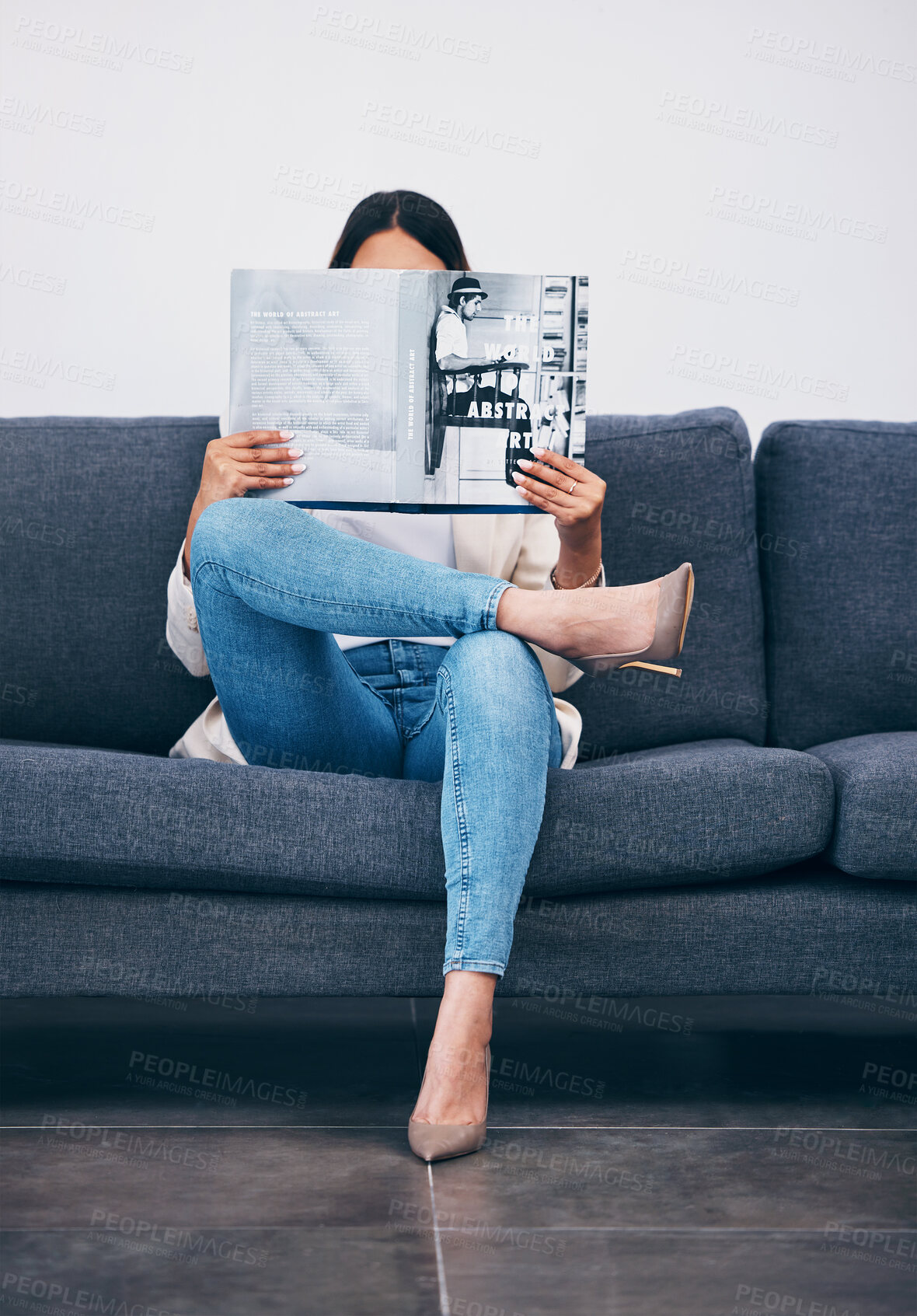 Buy stock photo Relax, magazine or girl reading newspaper articles on sofa at home for information or story updates. Press, focus or woman relaxing and studying abstract art for knowledge in a publication on couch