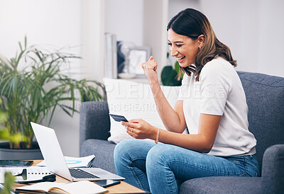 Buy stock photo Success, laptop or winner excited with credit card or digital payment in celebration on sofa at home. Yes, finance or happy girl celebrates online shopping subscription discount, sales offer or deal