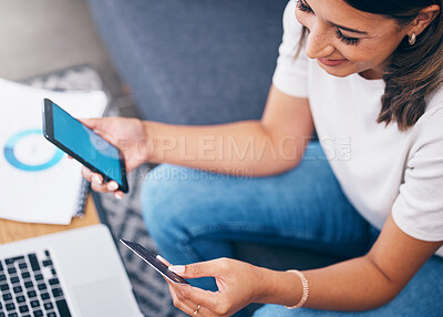 Buy stock photo Ecommerce, phone or woman with credit card happy with digital payment while relaxing on sofa at home. Smile, finance or girl excited with online shopping subscription discount, sales offer or deal 