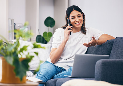 Buy stock photo Woman, phone call and laptop on sofa for idea with smile in conversation or discussion at home. Happy female freelancer in communication on smartphone with computer relaxing on living room couch