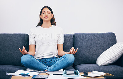 Buy stock photo Study, meditation and Indian woman in a living room with zen to relax from book learning. Sofa, home and female student meditate on a couch doing yoga for wellness in a house with education notebook