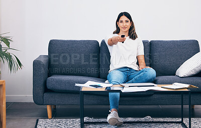 Buy stock photo Woman watching tv, remote control and relax, taking break from studying, student at home and streaming movie. Portrait, television and entertainment with leisure, relaxing after study and freedom