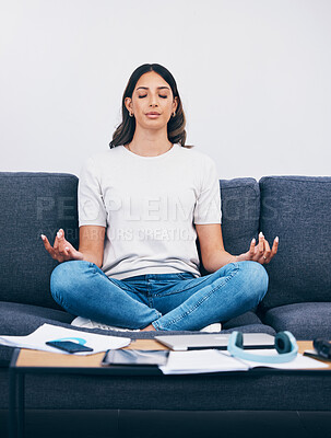 Buy stock photo Zen, meditation and Indian woman in a living room with yoga to relax from book learning. Sofa, home and female student meditate on a couch doing wellness exercise in a house with education notebook