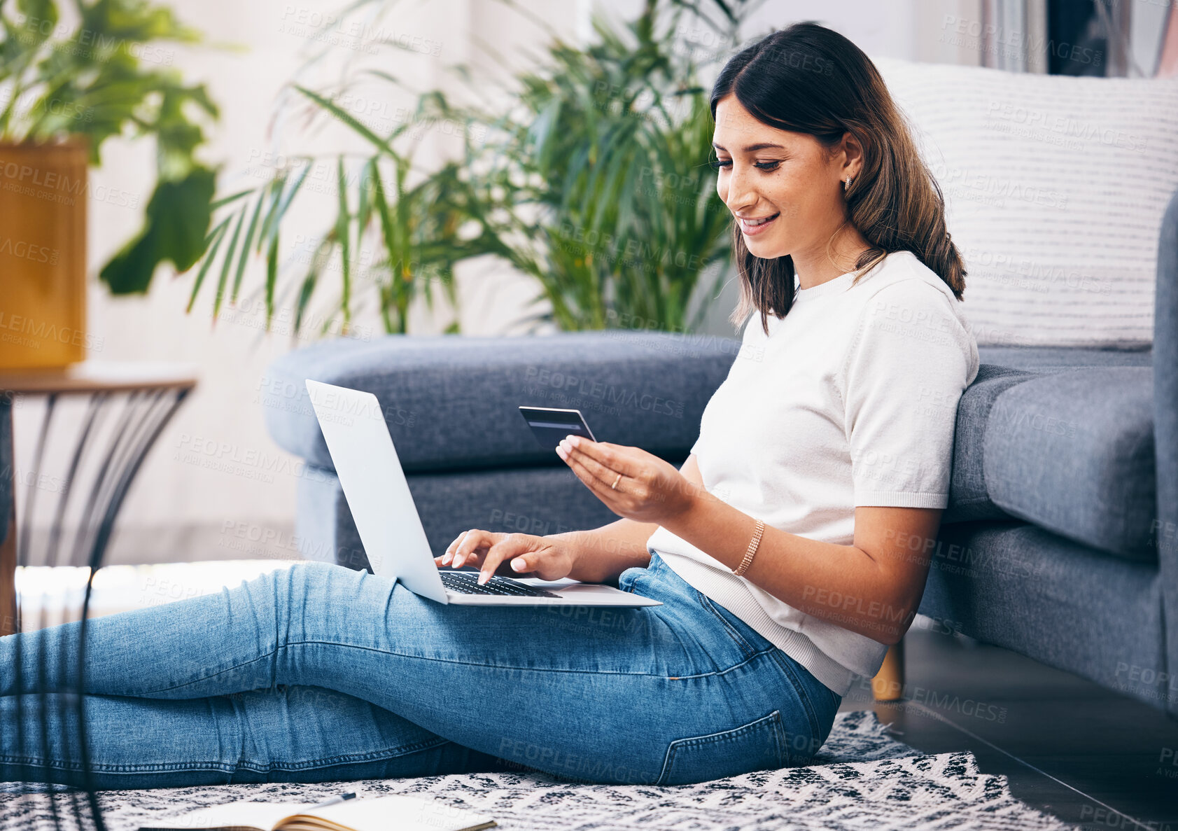 Buy stock photo Credit card, online shopping and woman on laptop, banking and fintech for easy payment on home carpet. Young person or student with computer for e commerce sale, finance and wealth in her living room