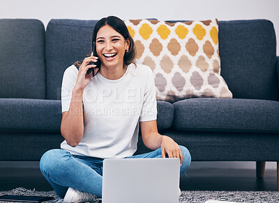 Buy stock photo Woman, phone call and laptop laughing in communication for funny joke, meme or conversation at home. Happy female freelancer laugh for fun discussion on smartphone with computer by living room sofa