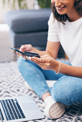 Buy stock photo Credit card, online shopping and woman with fintech, banking and easy payment on home carpet. Young person or student with phone and laptop for e commerce sale, finance and wealth in her living room