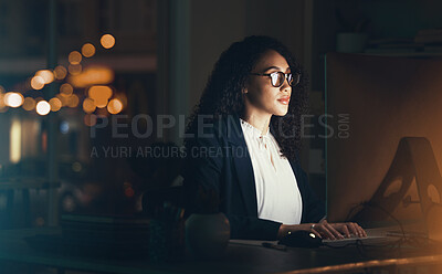 Buy stock photo Office, business and black woman on computer for research, project management and online at night. Corporate manager, vision and female worker working late on strategy, planning and reading website