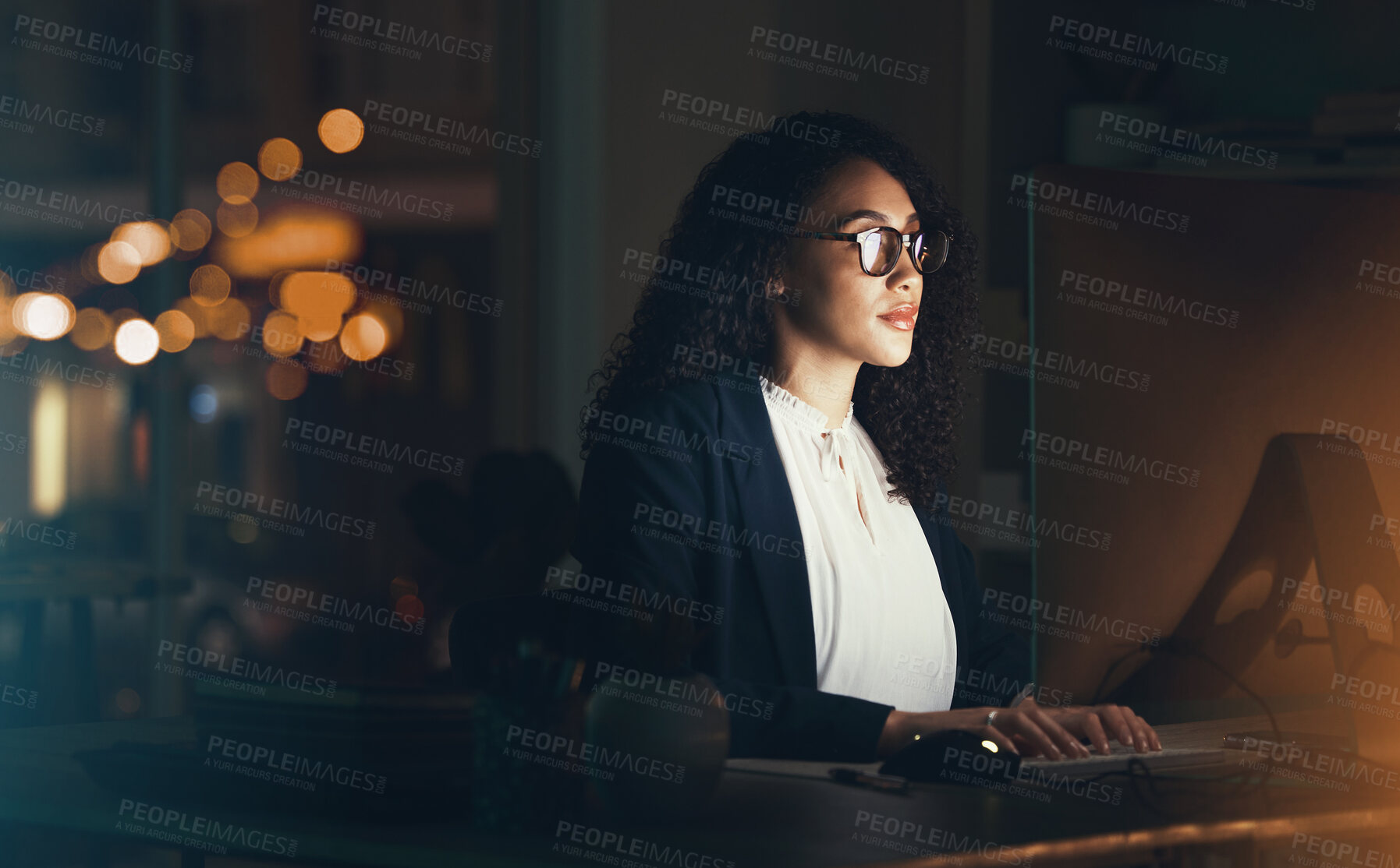 Buy stock photo Office, business and black woman on computer for research, project management and online at night. Corporate manager, vision and female worker working late on strategy, planning and reading website