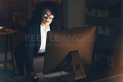 Buy stock photo Business, night and black woman done on computer for project, strategy report and reading email. Corporate manager, dark office and female standing at desk working on schedule, planning and research