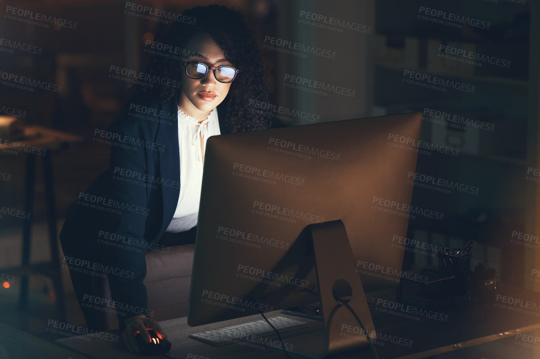 Buy stock photo Business, night and black woman done on computer for project, strategy report and reading email. Corporate manager, dark office and female standing at desk working on schedule, planning and research