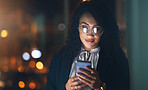 Email, online and woman reading on a phone, communication and internet for business at night. Connection, social media and employee with a mobile in a dark office for the web, networking and overtime