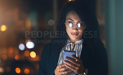 Buy stock photo Email, online and woman reading on a phone, communication and internet for business at night. Connection, social media and employee with a mobile in a dark office for the web, networking and overtime