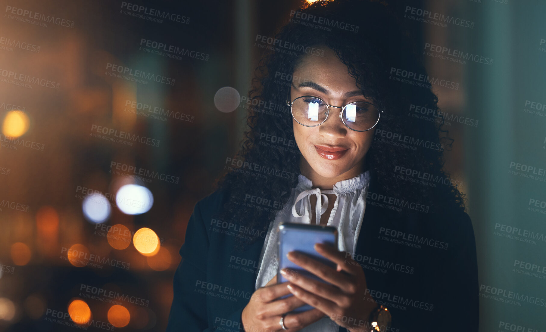 Buy stock photo Email, online and woman reading on a phone, communication and internet for business at night. Connection, social media and employee with a mobile in a dark office for the web, networking and overtime