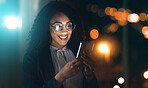 Business, black woman and phone with night bokeh lights for communication and network connection. Entrepreneur person in dark office for social media, networking or mobile app for online review chat
