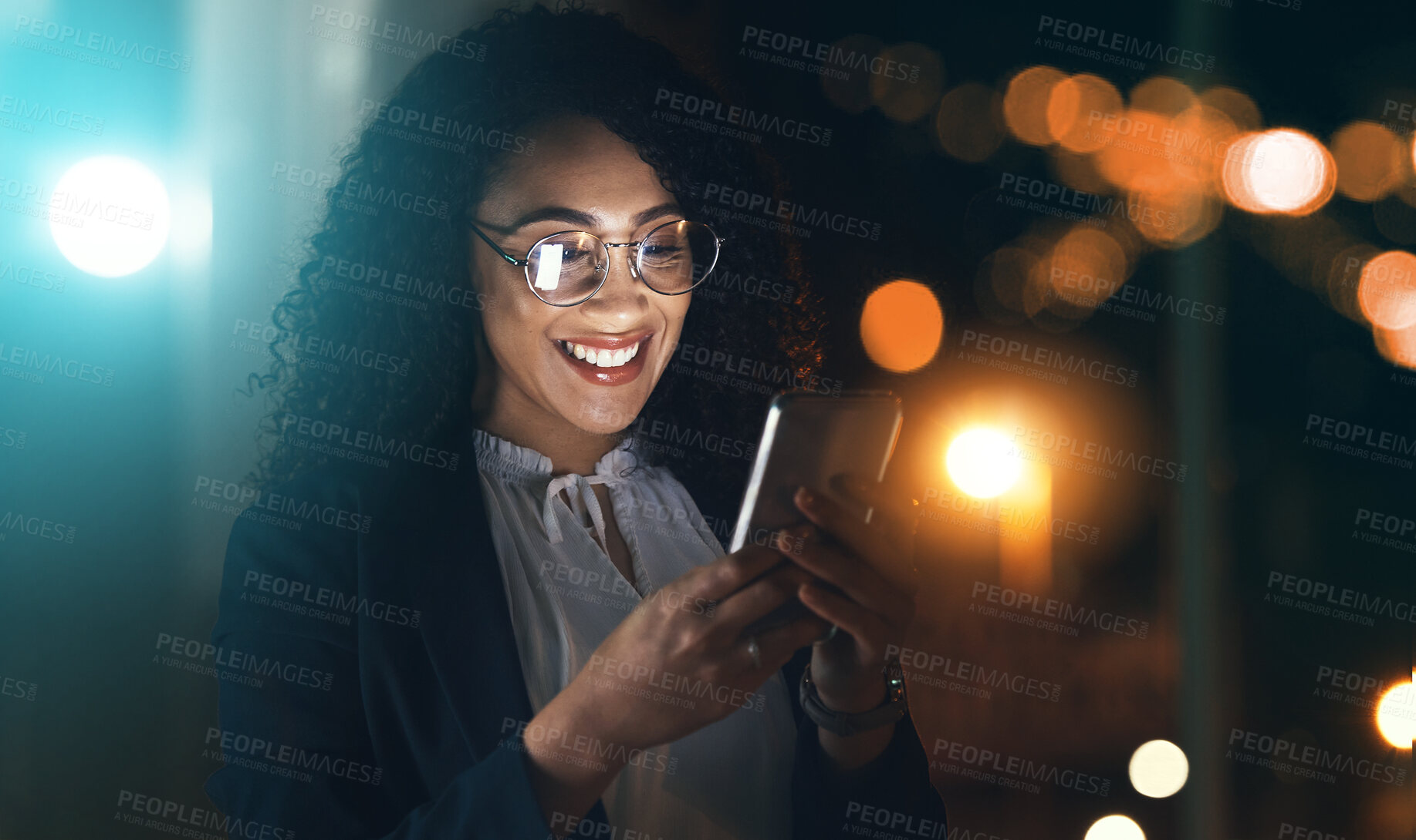 Buy stock photo Business, black woman and phone with night bokeh lights for communication and network connection. Entrepreneur person in dark office for social media, networking or mobile app for online review chat