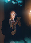 Black woman, business phone and night for communication, network connection and chat. Entrepreneur person in dark office for social media, networking or mobile app bokeh mockup for online research