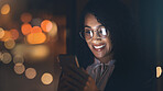 Night, black woman and business phone with bokeh lights for communication network connection. Happy entrepreneur person in dark office for social media, networking or mobile app ux for investment