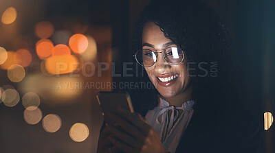 Buy stock photo Night, black woman and business phone with bokeh lights for communication network connection. Happy entrepreneur person in dark for social media, networking or mobile app ux for investment mockup