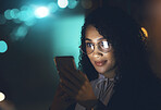 Phone, black woman and night business with mockup for communication network connection. Entrepreneur person dark office for social media, networking or mobile app reading email, chat or info search
