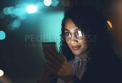 Buy stock photo Phone, black woman and night business with mockup for communication network connection. Entrepreneur person dark office for social media, networking or mobile app reading email, chat or info search