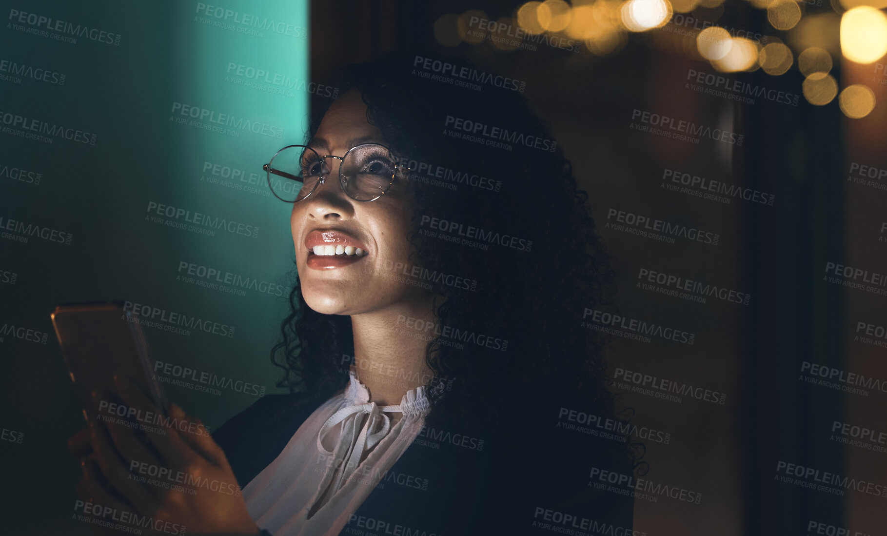 Buy stock photo Email, thinking and woman with a phone at night for communication, chat and app at work. Internet, social media and employee with a mobile for vision, conversation and call in the dark office