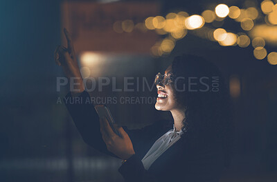 Buy stock photo Phone, dark and black woman outdoor checking stars and solar system with mobile app. Happy, smile and young person in city pointing to star constellations at night with cellphone and web connection