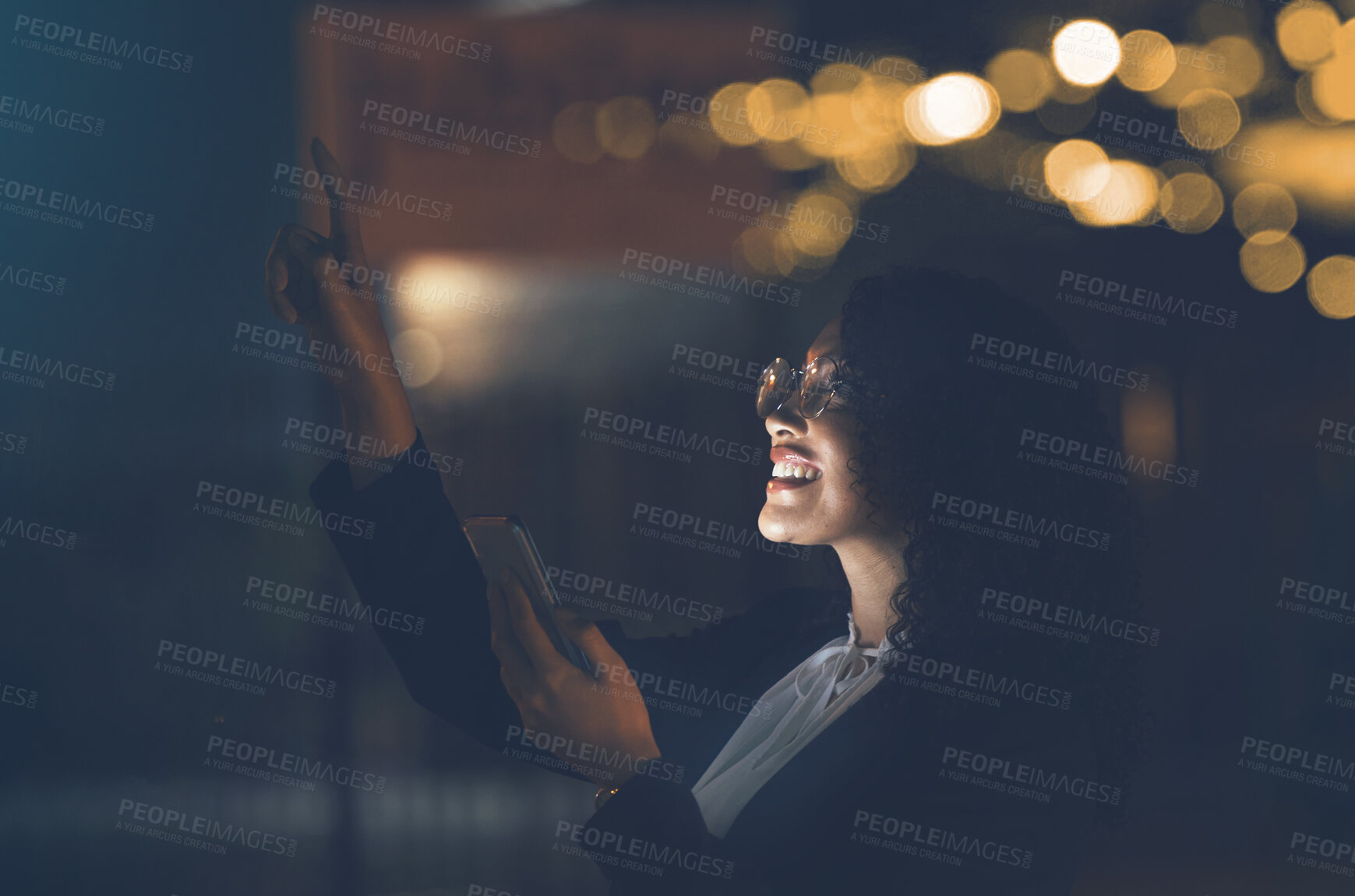 Buy stock photo Phone, dark and black woman outdoor checking stars and solar system with mobile app. Happy, smile and young person in city pointing to star constellations at night with cellphone and web connection