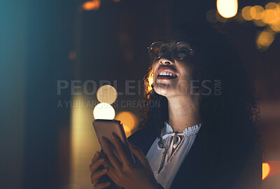 Buy stock photo Idea, gps and woman with phone at night for communication, chat and app in city. 5g connection, location and employee thinking with a mobile for networking, conversation and call in the dark in Spain