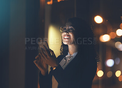 Buy stock photo Social media, gps and woman with phone at night for communication, chat and app in city. Internet, location and girl thinking with a mobile for networking, conversation and call in the dark in Spain