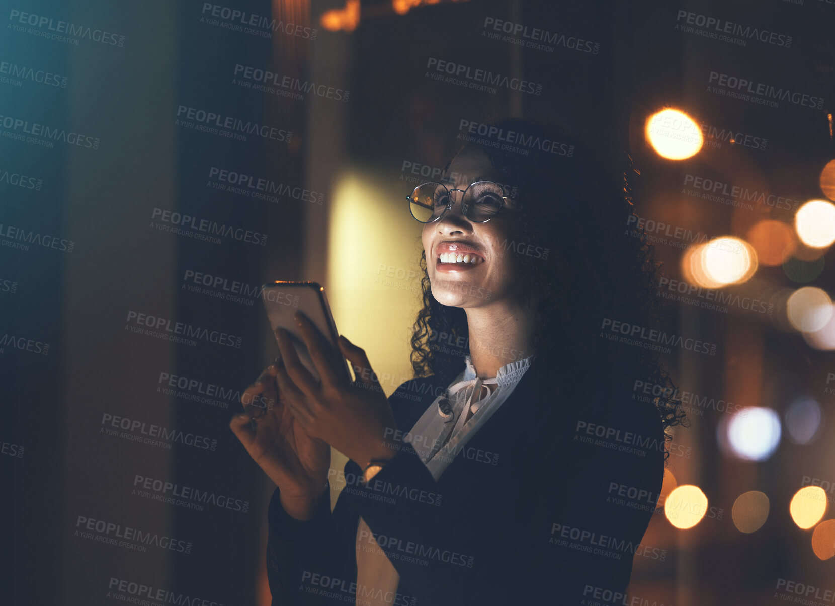 Buy stock photo Social media, gps and woman with phone at night for communication, chat and app in city. Internet, location and girl thinking with a mobile for networking, conversation and call in the dark in Spain