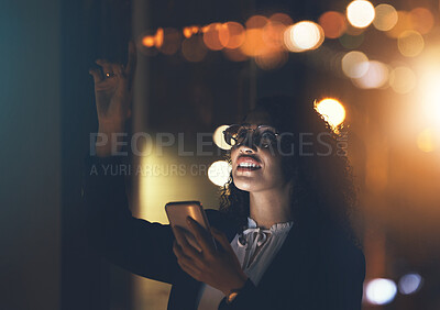 Buy stock photo Business woman, phone and night in dark office for communication, network connection and trading. Entrepreneur person with smartphone and bokeh lights for networking, internet search or ai mobile app