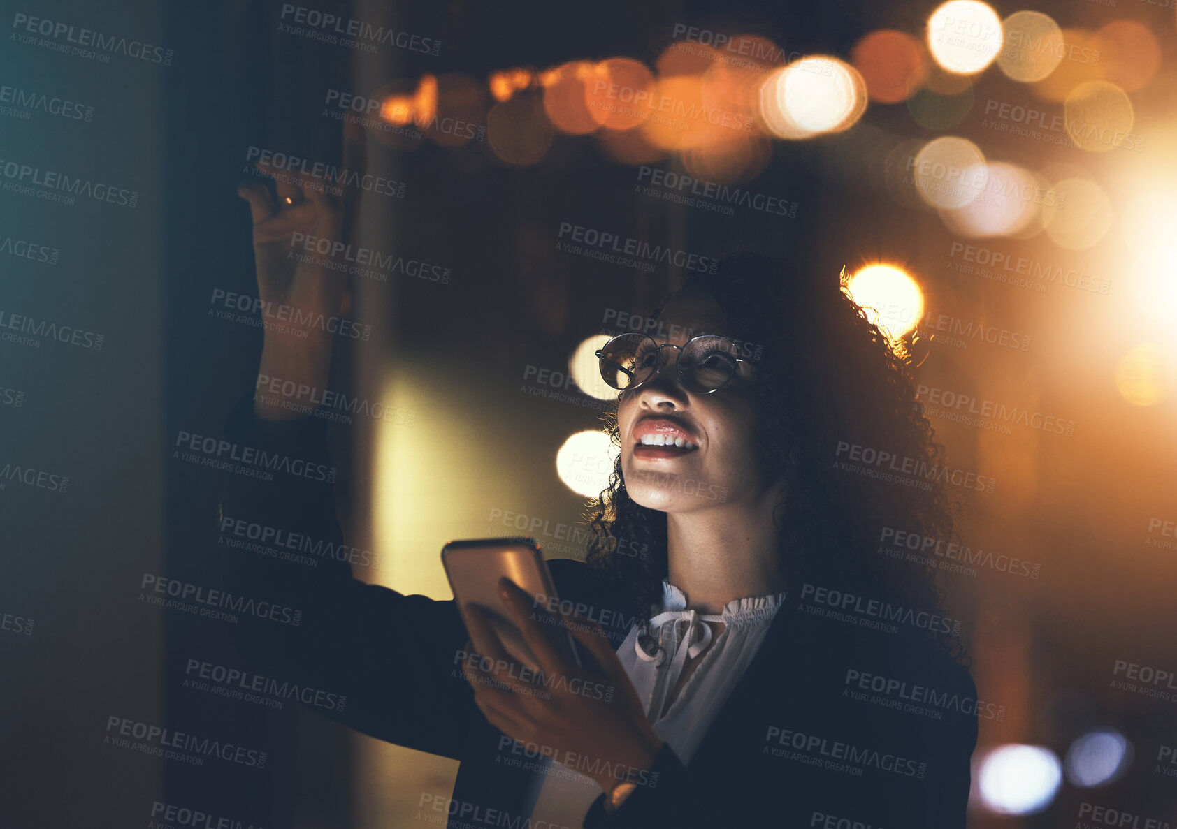 Buy stock photo Business woman, phone and night in dark office for communication, network connection and trading. Entrepreneur person with smartphone and bokeh lights for networking, internet search or ai mobile app