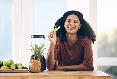 Buy stock photo Fruit, smoothie and portrait of black woman with a blender in the kitchen for breakfast, detox and diet. Face, nutritionist and lady with fresh, weight loss and healthy, raw and ingredients on mockup