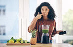 Blender, smoothie and healthy black woman taste juice for green diet, detox and breakfast fruits in kitchen. Vegetables, food and person or nutritionist with natural, protein shake or vegan drink