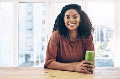 Buy stock photo Portrait, mockup and smoothie with a black woman drinking a health beverage for a weight loss diet or nutrition. Wellness, mock up and drink with a healthy young female enjoying a fresh fruit juice