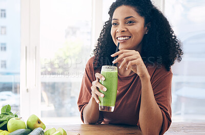 Buy stock photo Thinking, mockup and smoothie with a black woman drinking a health beverage for a weight loss diet or nutrition. Idea, mock up and drink with a healthy young female enjoying a fruit beverage