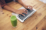 Hands, laptop and nutritionist blog by woman typing, post or review on healthy living at home. Social media, health and influencer hand of girl writing online weight loss, wellness or smoothie recipe