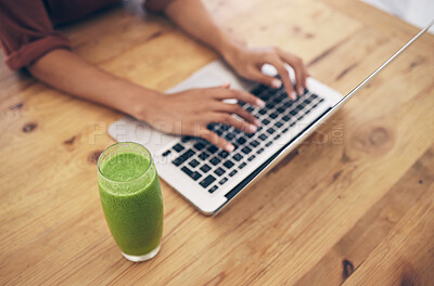 Buy stock photo Hands, laptop and nutritionist blog by woman typing, post or review on healthy living at home. Social media, health and influencer hand of girl writing online weight loss, wellness or smoothie recipe