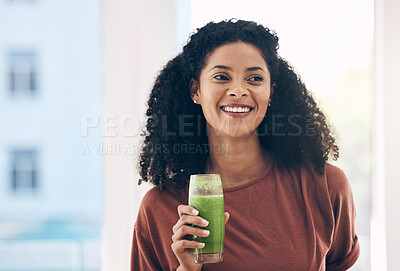 Buy stock photo Idea, mock up and smoothie with a black woman drinking a health beverage for a weight loss diet or nutrition. Thinking, mockup and drink with a healthy young female enjoying a fresh fruit juice