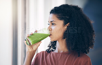 Buy stock photo Healthy, protein and woman drinking a smoothie for weight loss, energy and breakfast while thinking. Food, health and girl with a juice cocktail for nutrition idea, green detox and vegan lifestyle