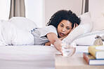 Healthcare, black woman in bed and wake up with water, tired and fatigue with burnout, overworked and sleepy. African American female, lady and in bedroom with aqua, illness or disease in the morning