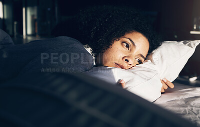 Buy stock photo Anxiety, depression and woman in bed with insomnia, thinking and trying to sleep while sick. Morning, sunrise and sad and depressed girl with stress, mental health problem and fatigue in bedroom