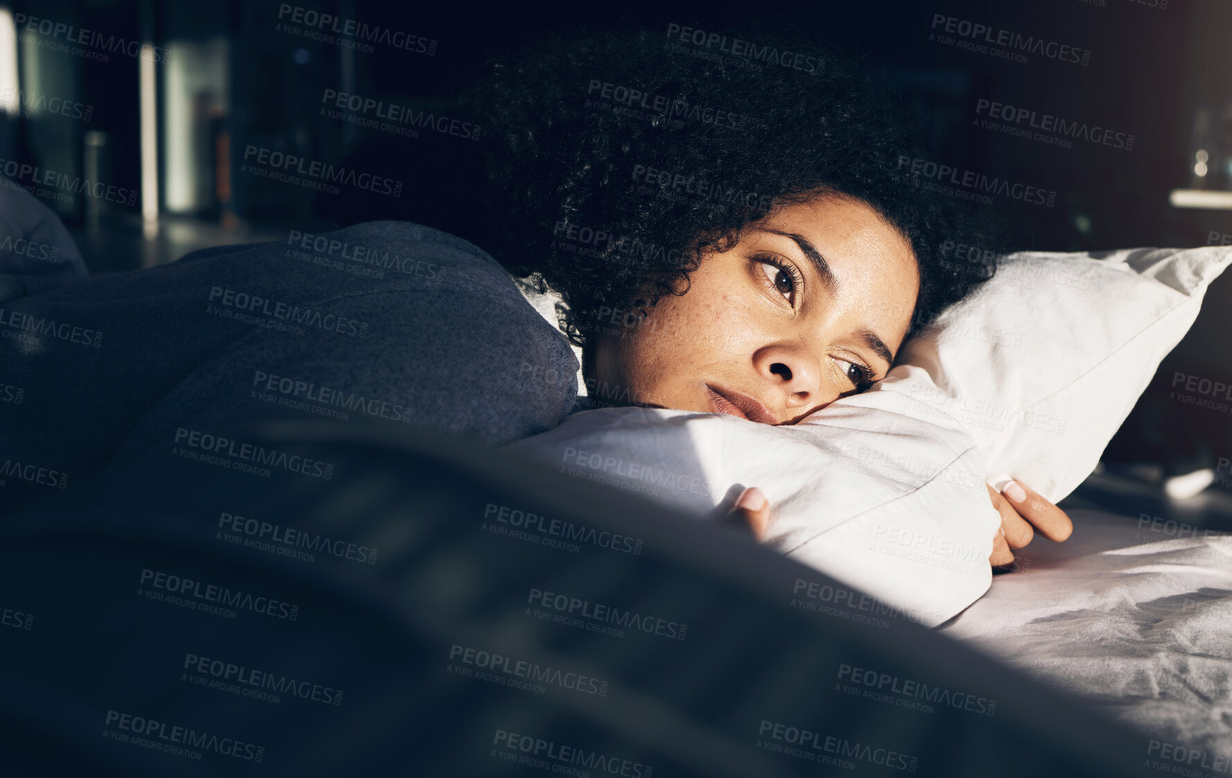 Buy stock photo Anxiety, depression and woman in bed with insomnia, thinking and trying to sleep while sick. Morning, sunrise and sad and depressed girl with stress, mental health problem and fatigue in bedroom