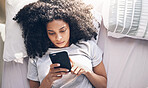 Phone, black woman and top view in home bedroom for social media, texting or internet browsing in the morning. Technology, bed relax and female with mobile smartphone for web scrolling or networking.