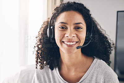 Buy stock photo Portrait, remote work or happy black woman in call center with pride helping, talking or networking online. Face, consulting or insurance agent in communication at customer services or sales at home