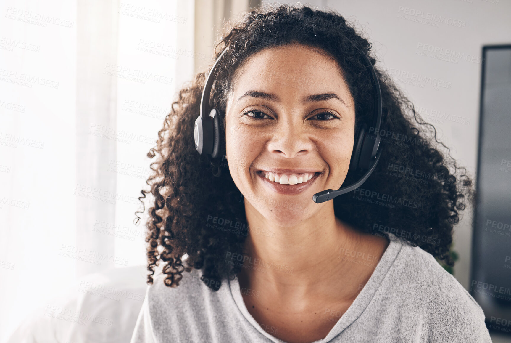 Buy stock photo Portrait, remote work or happy black woman in call center with pride helping, talking or networking online. Face, consulting or insurance agent in communication at customer services or sales at home