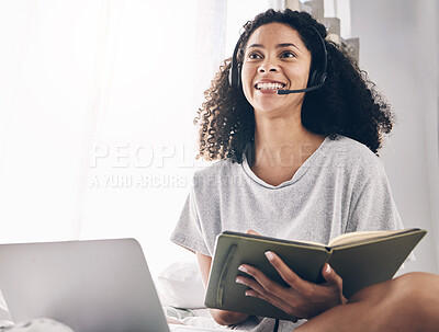 Buy stock photo Writing, remote work or happy black woman in call center with pride helping, talking or networking online. Books, consulting or insurance agent in communication at customer services or sales at home